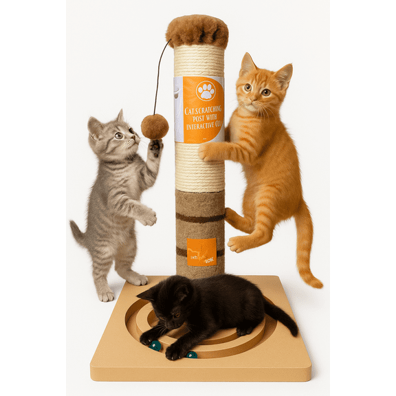 20" Cat Scratching Post with Interactive Ball Modern Sisal Rope Cat Scratcher for Indoor Cats & Kittens Sturdy Base with Toy Track