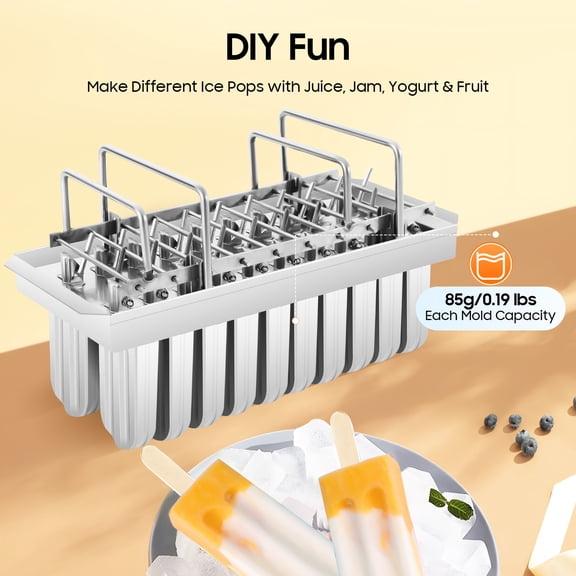 20-Cavity Stainless Steel Popsicle Mold Maker with 100 Bamboo Sticks Ice Cream & Pudding Freezer Tray