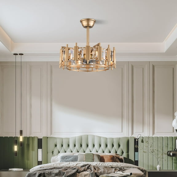 20" Ceiling Fan Lamp Chandelier Modern Round Ceiling Fan Light LED Chandelier+RC Gold for Living Rooms