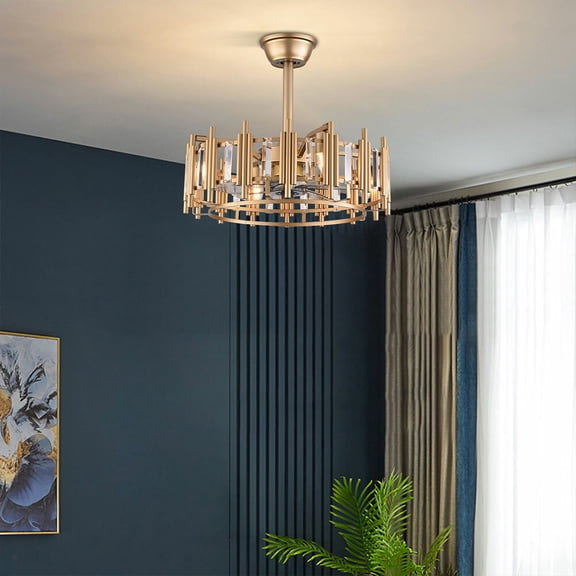 20" Ceiling Fan Light LED Chandelier Semi Flush Mount Pendant Lamp Fixture Gold Round 110-120V 35W for Hallways, Living Rooms, Bedrooms, Study Rooms
