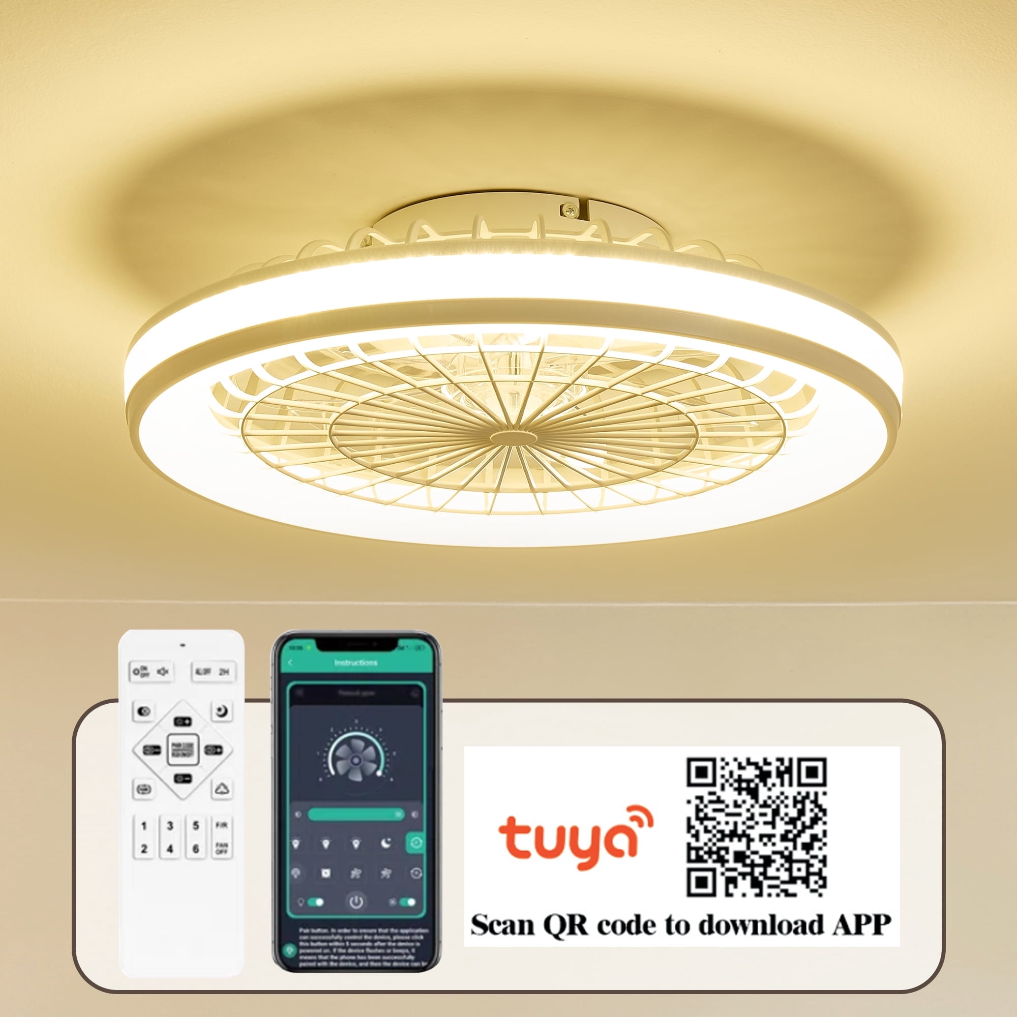 20"  Caged Ceiling Fans Lights,Low Profile Enclosed Lamp with APP Control,White