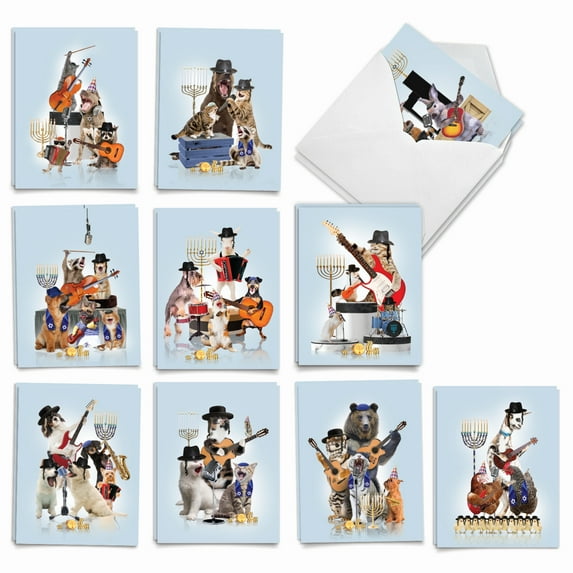 20 Chanukah Note Cards Pack (10 Designs, 2 Each) - Menorah Animal Bands Chanukah (4" x 5.12") AM9541HKG-B2x10