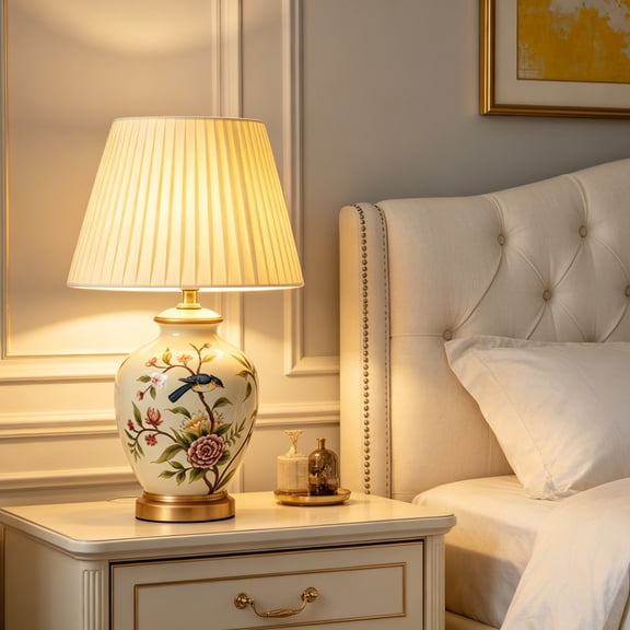 20" Chinoiserie Ceramic Ginger Jar Table Lamp, Antique Floral and Bird Bedside Light for Traditional Living Room, Bedroom(LED Bulb Included)