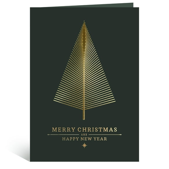 20 Christmas Greeting Cards with Envelopes | Green Col with Gold Foiling | 5.5 x 4 inch Merry Christmas & Happy New Year Cards