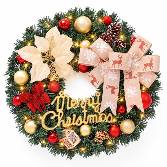 20Christmas Wreaths for Front Door with light, Christmas Door Wreath withred berries,Christmas ornaments, pinecones, a gold bow with a moose design, for Home Wall Window Indoor Outdoor Xmas & Holida