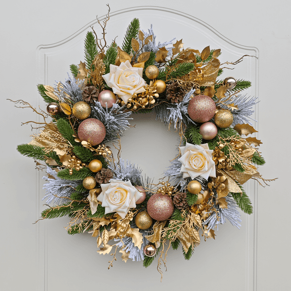 20'' Christmas Wreaths for Front Door Champagne Gold Door Wreath with Ball Ornaments, Christmas Thanksgiving Fall Winter Decor