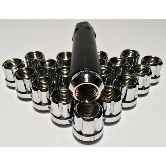 20 Chrome 12x1.25 Open End 6 Spline Tuner Lug Nuts w/ Adapter Key Nissan Infiniti
