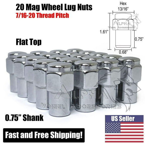 20 Chrome 7/16-20 Mag Lug Nuts 0.75" Shank For Chevy Buick Pontiac Flat Top 7/16