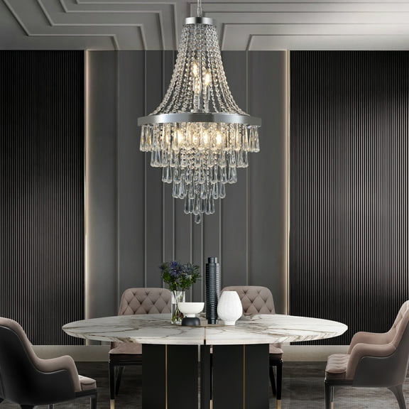 20" Chrome Crystal Chandelier, 11-Light Adjustable Height Modern Ceiling Light for Living Room Dining Room Staircase, E12 Base Bulbs Not Included