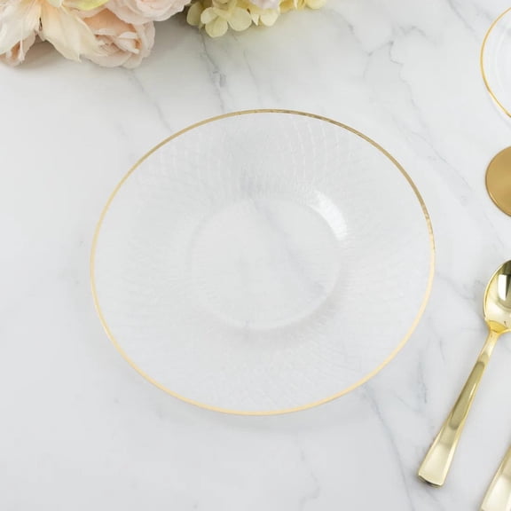 20 Clear 7 in Plastic Round Salad Dinner Plates with Diamond Cut Pattern and Gold Rim
