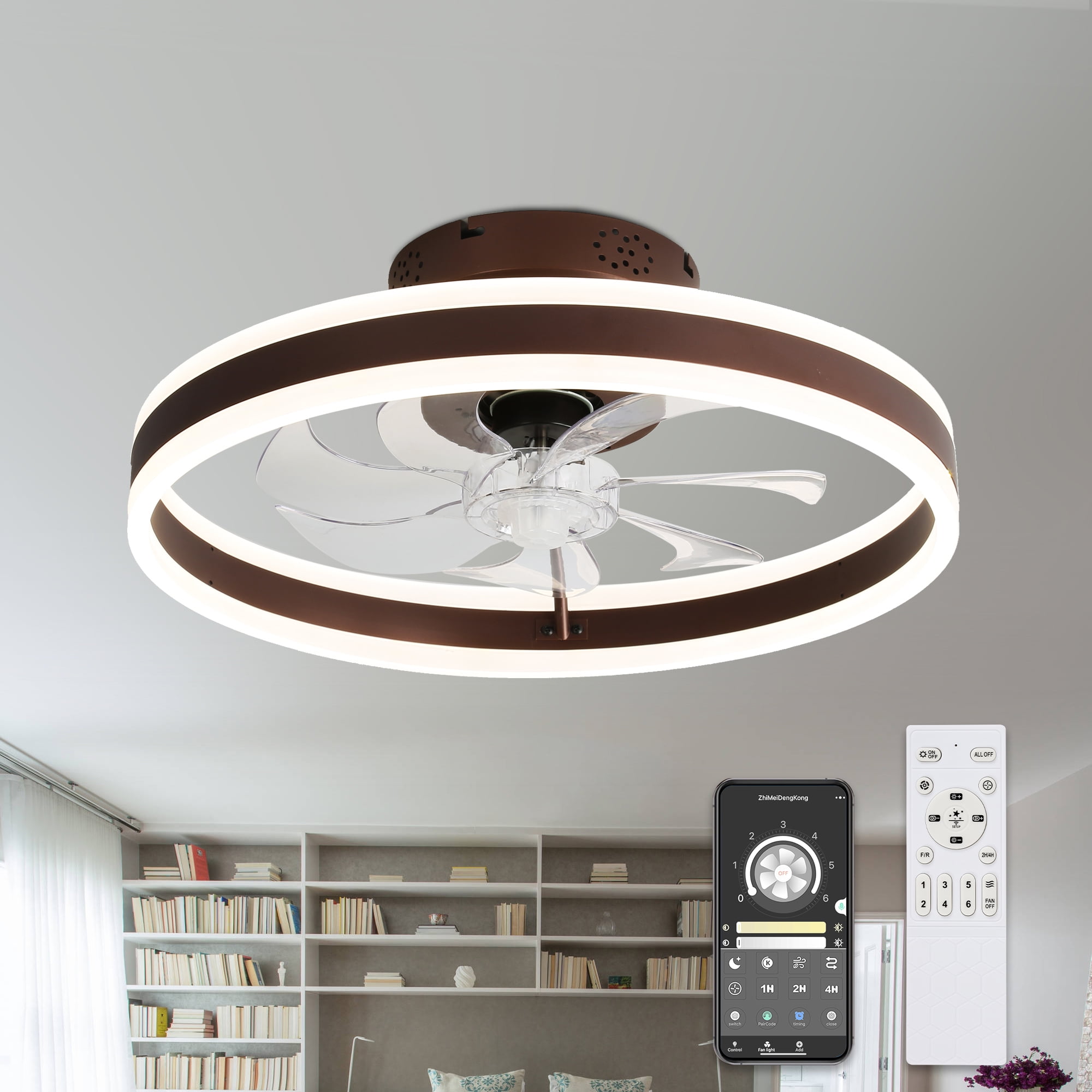 20" Coffee Brown Reversible Flush Mount Ceiling Fan with Remote Control, APP Control 6-Speed Low Profile Ceiling Fan with Dimmable Light