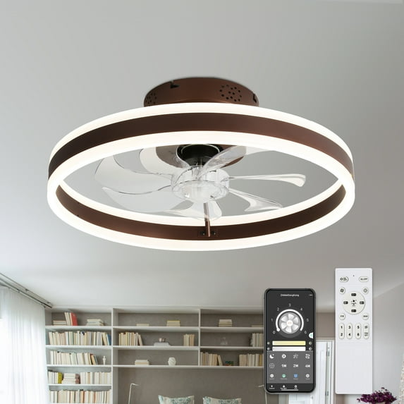 20" Coffee Brown Reversible Flush Mount Ceiling Fan with Remote Control, APP Control 6-Speed Low Profile Ceiling Fan with Dimmable Light