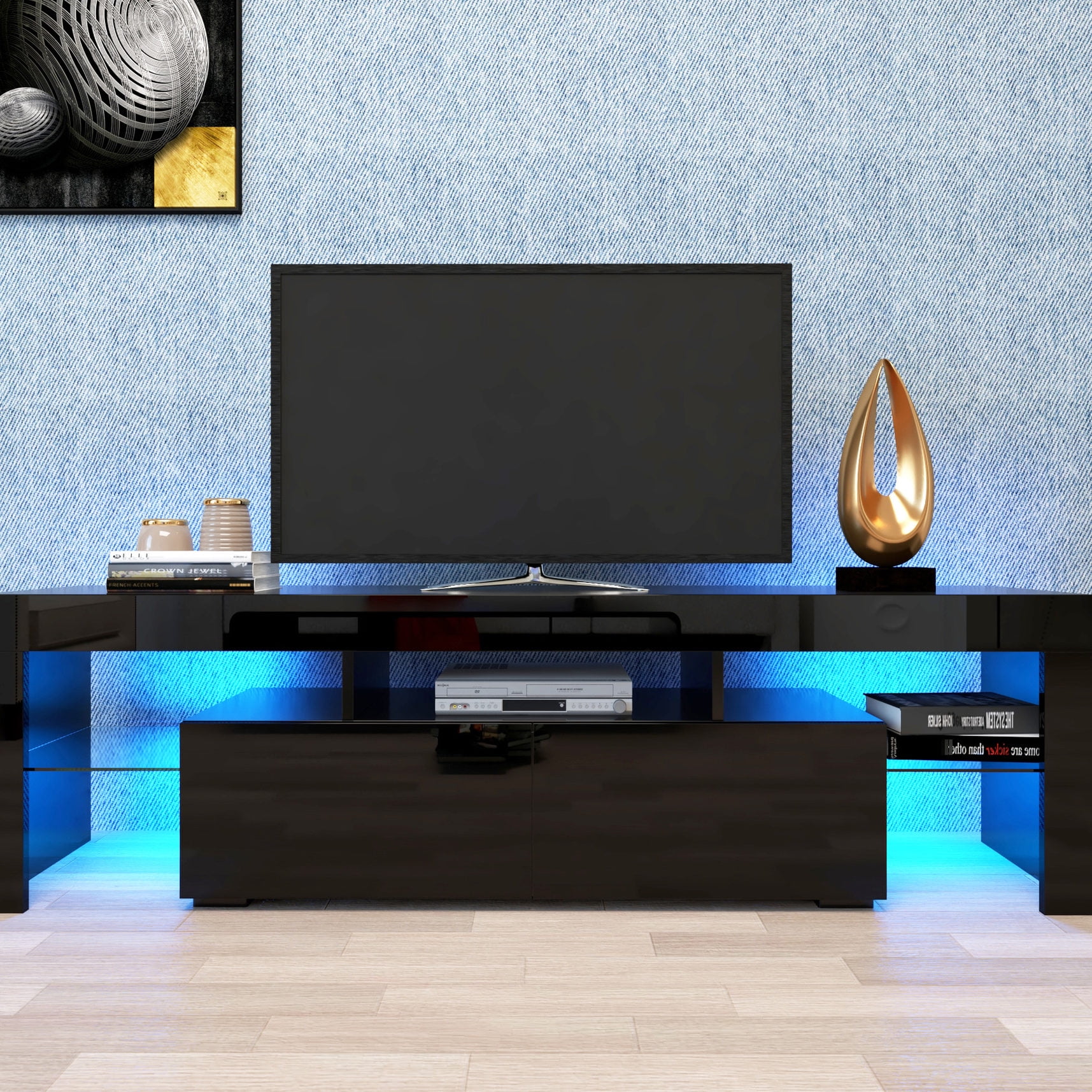20 - Color LED, Black MDF TV Stand with 66.15lbs Load - Bearing / Remote Lights, Fits 60 - 69" Flat - Screen TVs