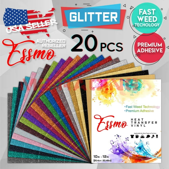 20 Colors 20pcs Glitter Heat Transfer Vinyl 12"x10" T-Shirt HTV Iron On Bundle