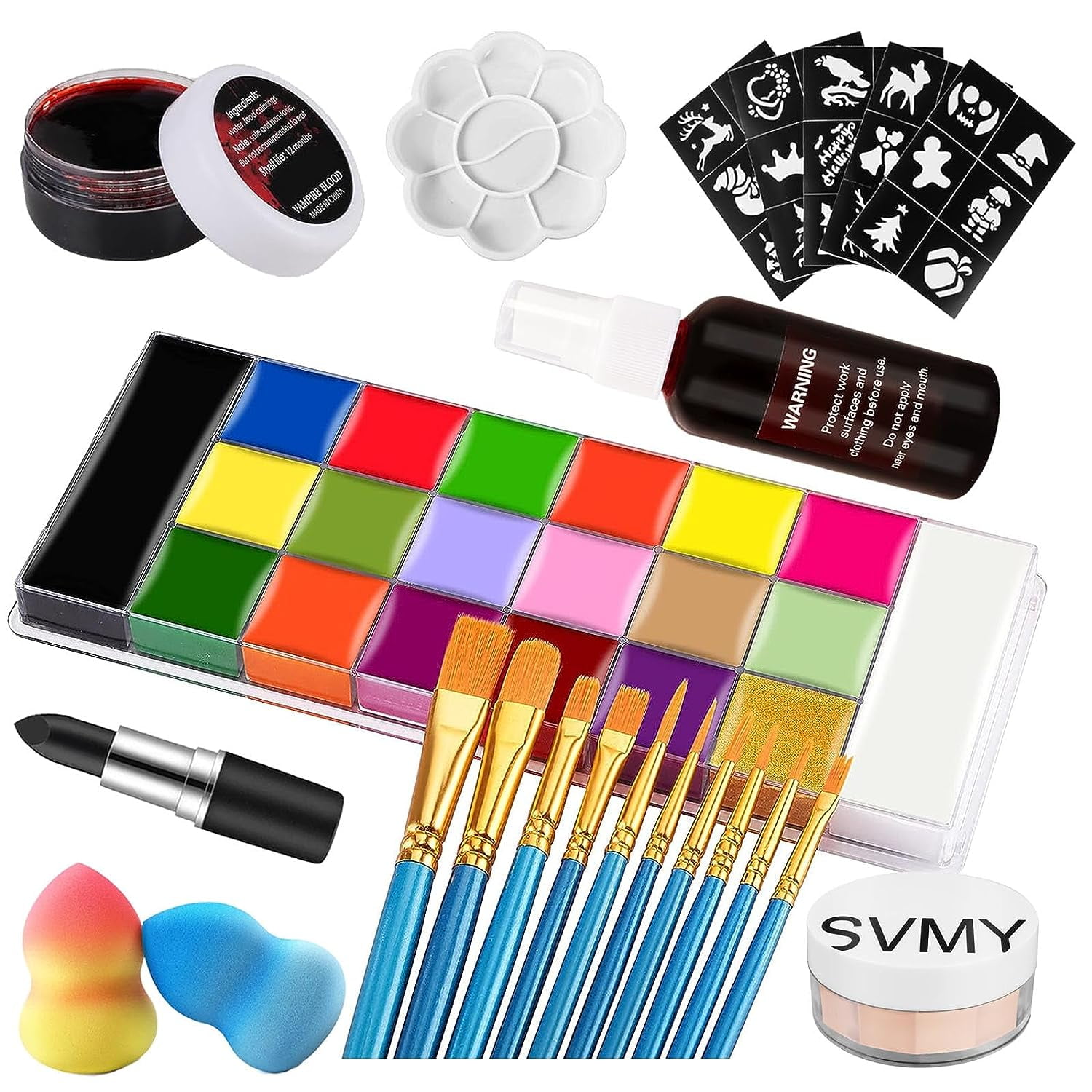 Athena Face Body Paint Oil Makeup Set, 20 Colors FX Halloween Party  Painting with Mixing Palette and Brushes, Tattoo Stencil Arts Crafts Kit  for Face