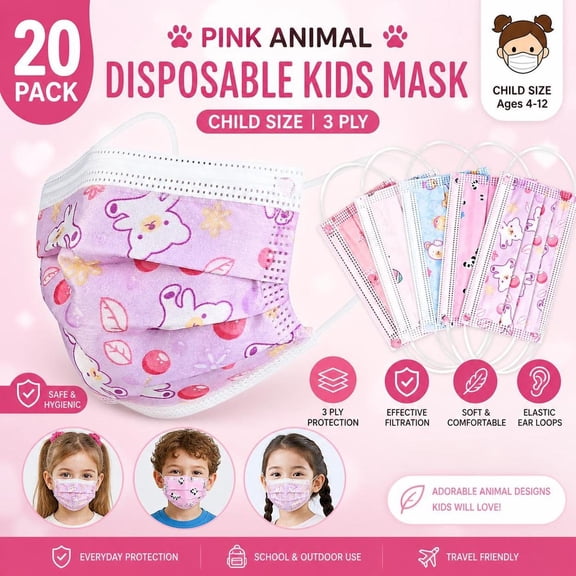 20 Comfortable 3-Ply Disposable Kids Child Size Masks with Fun Pink Animal Prints