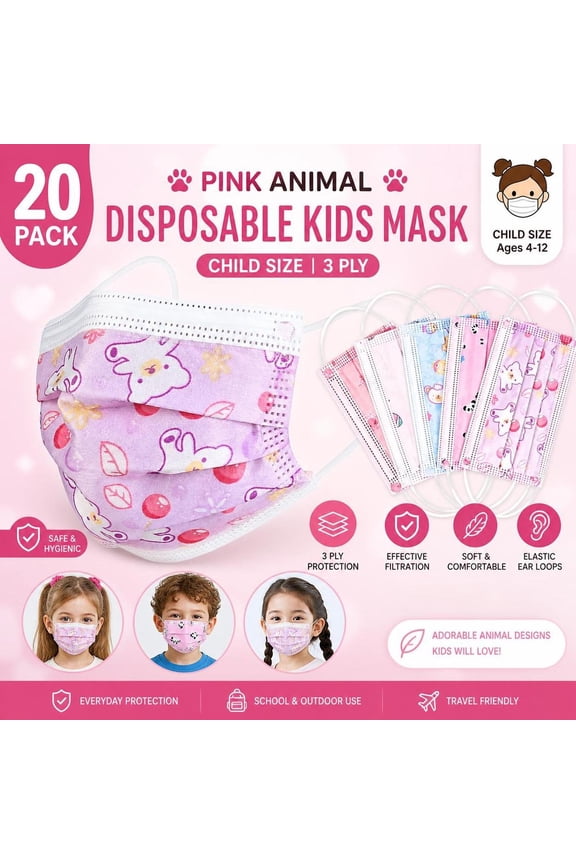 20 Comfortable 3-Ply Disposable Kids Child Size Masks with Fun Pink Animal Prints