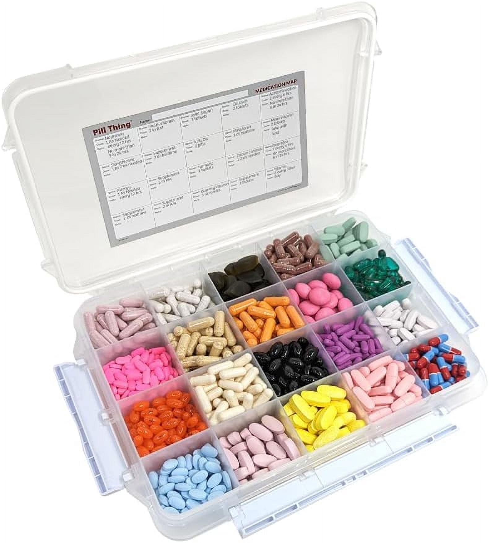 Portable Durable Airtight Waterproof 20 Compartment Large Pill Case with Silicone Gasket and Medication Map, 1 Pack