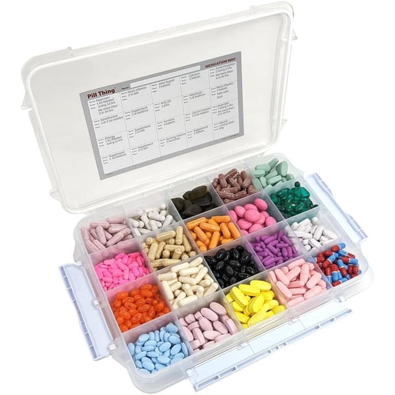 Portable Durable Airtight Waterproof 20 Compartment Large Pill Case with Silicone Gasket and Medication Map, 1 Pack