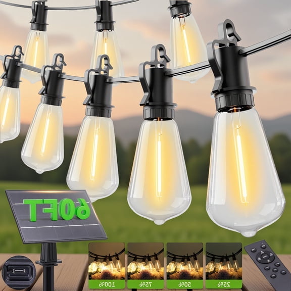 20-Count 60FT String Lights Outdoor with Remote, Dimmable ST38 LED Bulbs, Waterproof Hanging Lights for Patio Garden Backyard