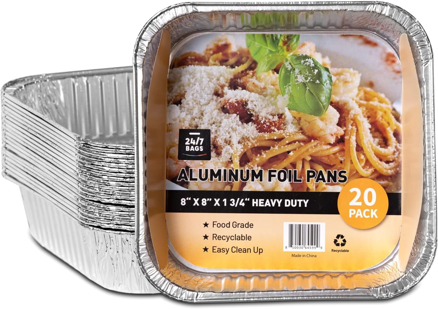 20 Count Aluminum Foil Pans, Square 8"x8"x 1.75", Food Grade, Disposable, No Lids