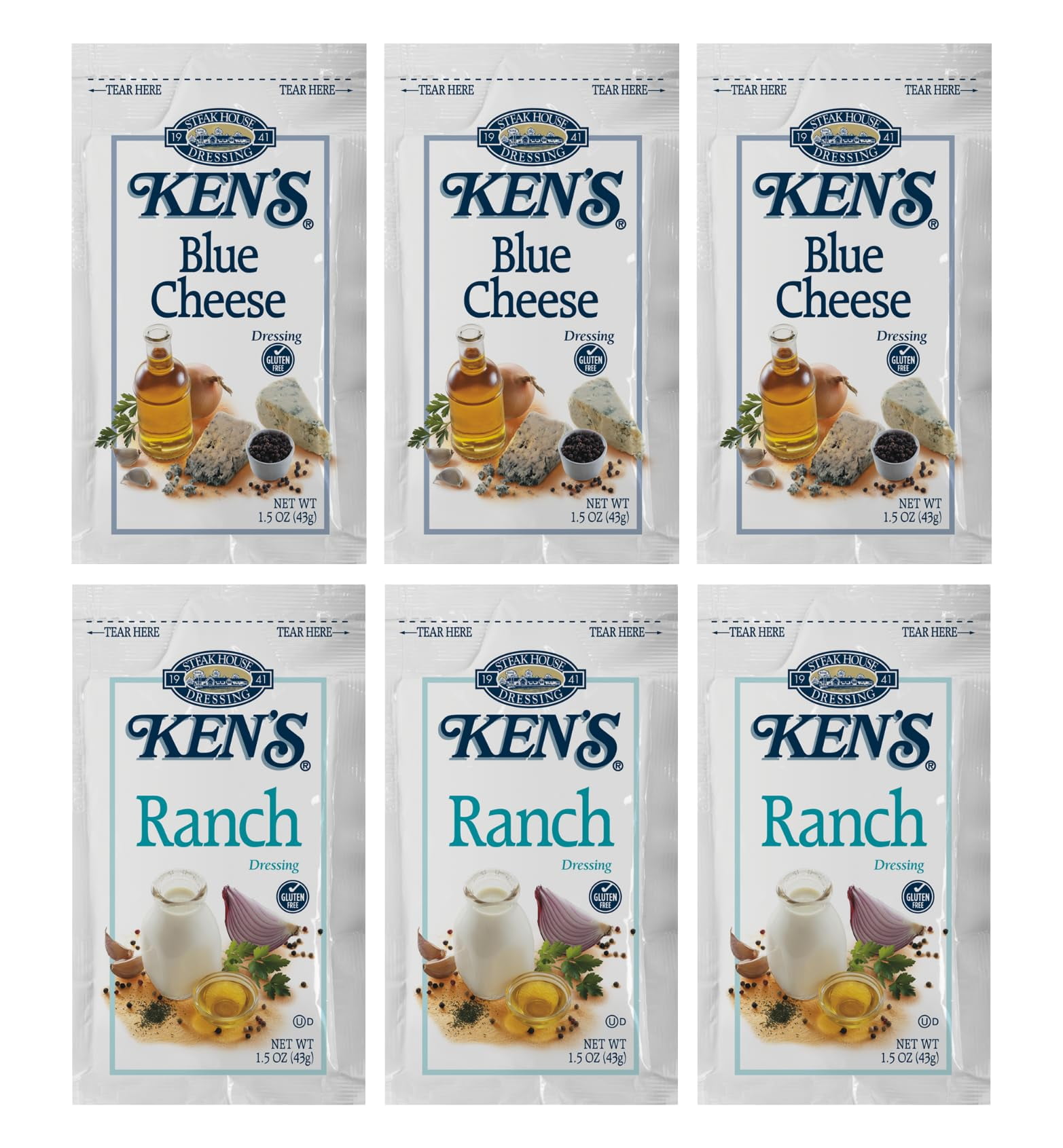 20 Count | Salad Dressing Packets | Individual Single Serve Salad Dressing condiment packets | 1.5 Oz Per Pouch (Blue Cheese & Ranch Combo)