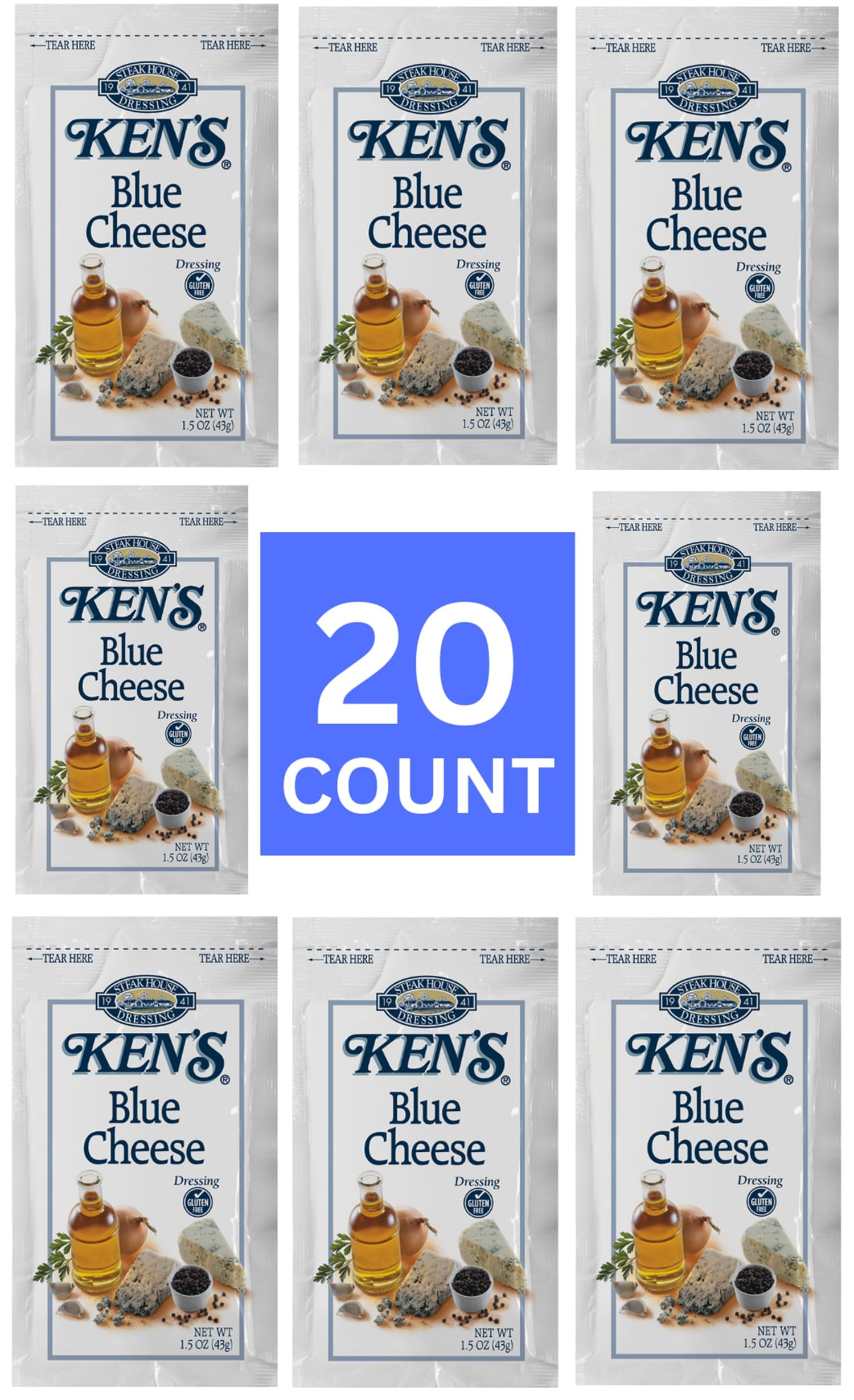 20 Count | Salad Dressing Packets | Individual Single Serve Salad Dressing condiment packets | 1.5 Oz Per Pouch (Blue Cheese)