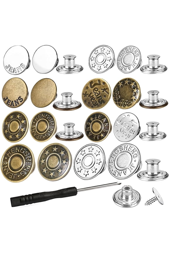20 Counts Jeans Buttons Replacement, No Sew Adjustable Metal Buttons, Thread Rivets and Screwdrivers Repair Combo with Storage Box Jeans Clothing Decoratiion for Women and Men, Random Styles
