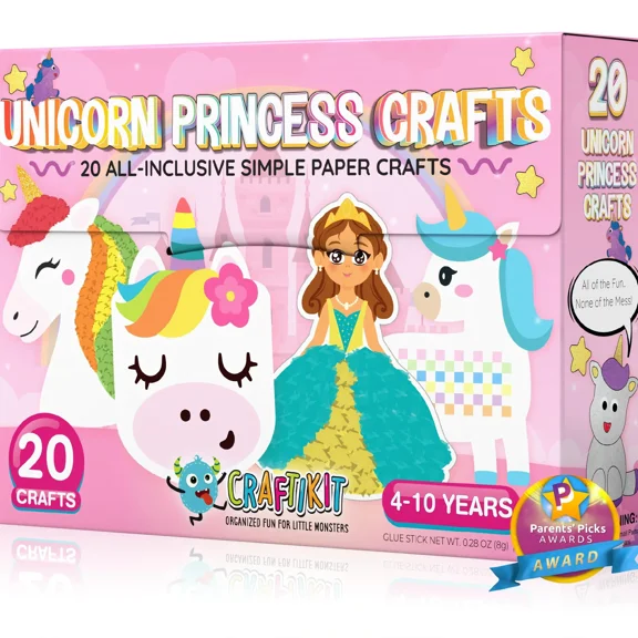 20 Crafts in a Box - 20 Simple Paper Crafts for Kids Ages 3-8 - Arts and Crafts Kit with Envelopes Glue Stick Tape - Low Mess Easy to Complete Fun for Creativity & Fine Motor Skills