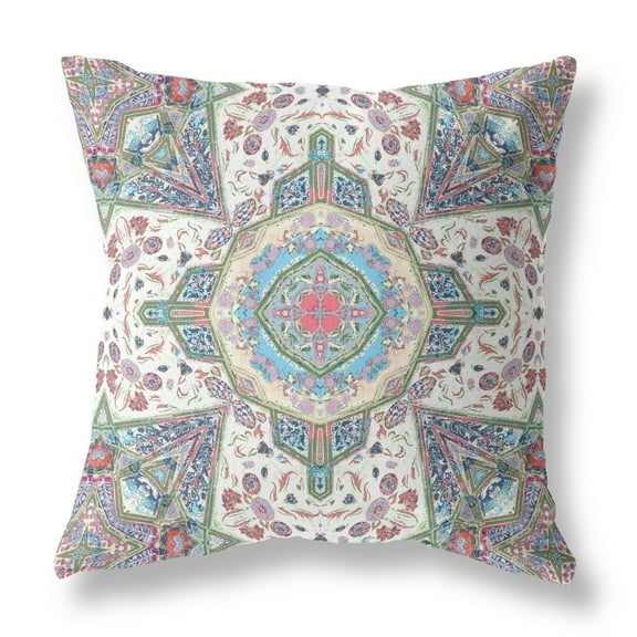 20â€ Cream Pink Boho Flower Indoor Outdoor Throw Pillow