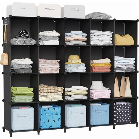 20-Cube Black Storage Organizer, Modular Shelf With Hammer, Storage Bin Cabinet Closet Bookshelf for Living Room, Bedroom, Office, Each Cube Size 11.8 x 11.8 Inch
