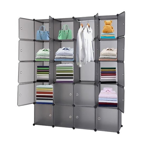 20 Cube Stackable Closet Storage Organizer Shelves with Doors Plastic Storage Wardrobe Portable Modular Bookcase Closet Gray