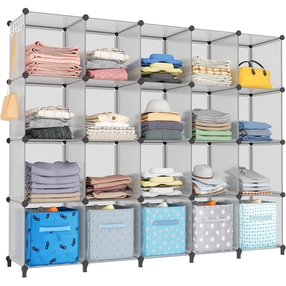 20-Cube Storage Organizer, Closet Organizer Storage Shelf Bookcase Bookshelf with Metal Hammer, Storage Cubes Organizer Cabinet for Kids, Closet, Bedroom, Bathroom Light Grey