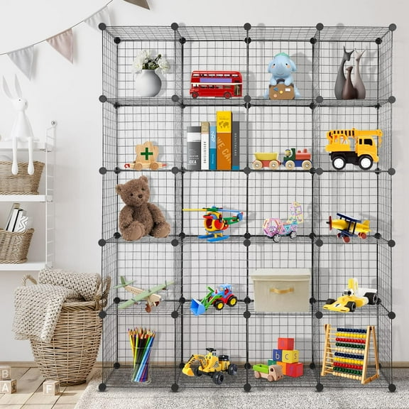 20 Cubes Wire Cube Storage Organizer, Modular Closet Cabinet Stackable Cube Shelving Shelves Unit, Plastic Portable Bookshelf Bookcase for Office Bedroom Bathroom Living Room 14"x14" Black