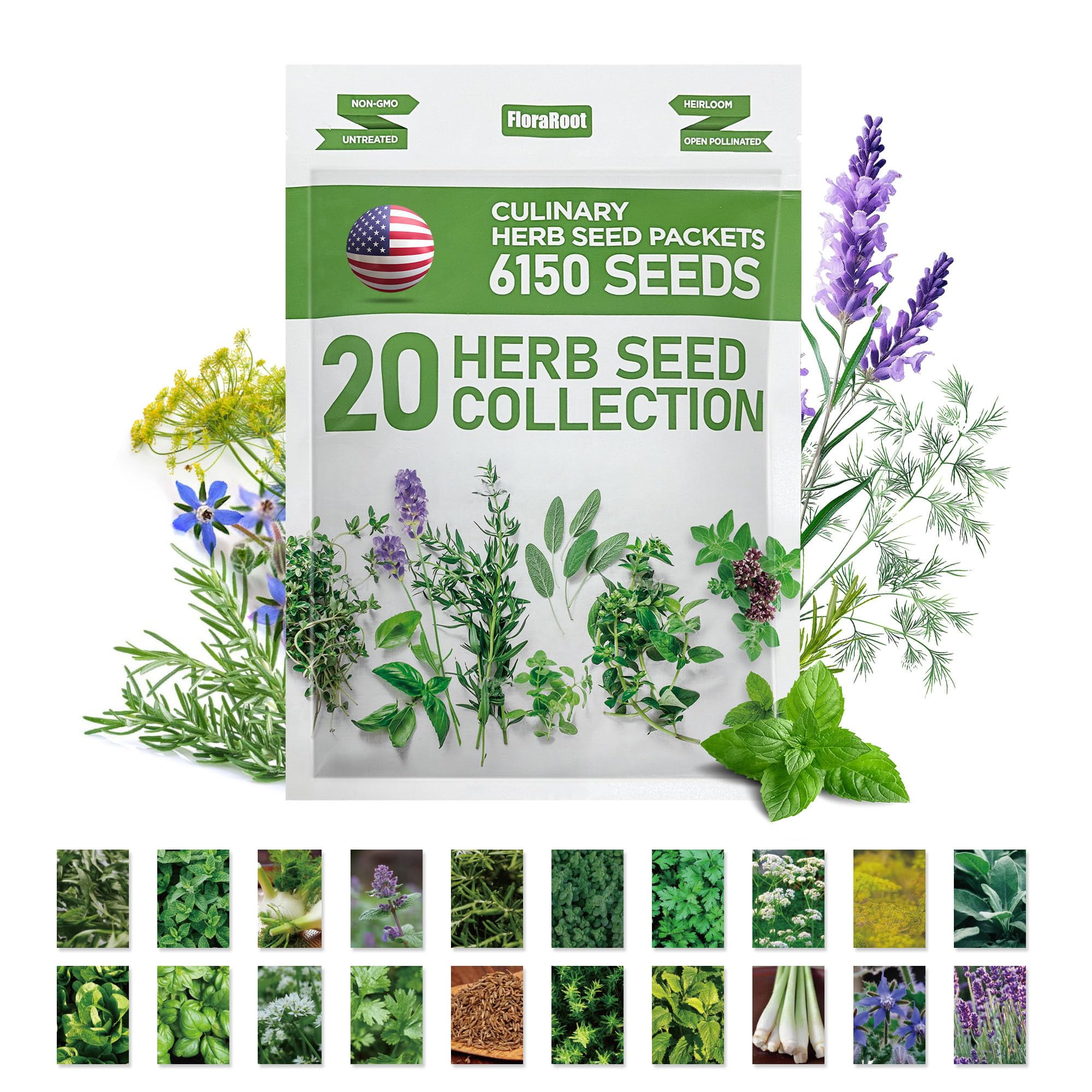 20 Culinary Herb Seeds Variety Pack MVR1&nbsp;(6150+ Non-GMO) - USA-Sourced, High-Germination, Heirloom Collection, Indoor/Outdoor Planting, Mother's Day Gift & Survival Garden Essential