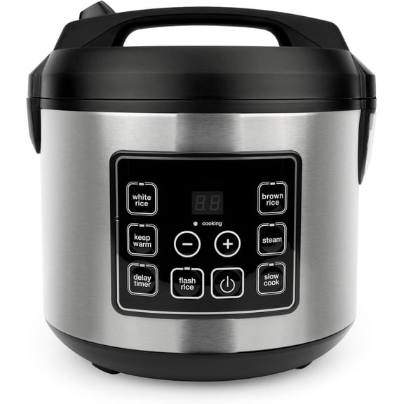 Housewares 20 Cup Cooked (10 cup uncooked) Digital Rice Cooker, Slow Cooker, Food Steamer, SS Exterior ,Black