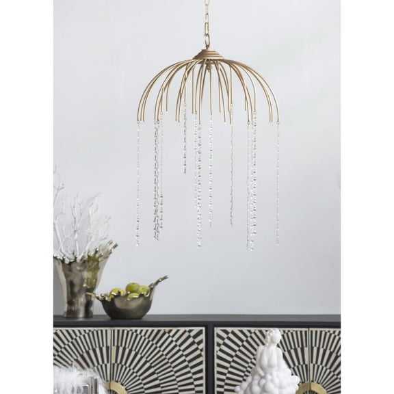 20" D x 29"H Vintage Glam Gold Umbrella Frame Chandelier, Raindrop Clear Glass Beads Hanging Pendant Light, Iron Frame Decor Ceiling Light for Dining Room Foyer Bedroom