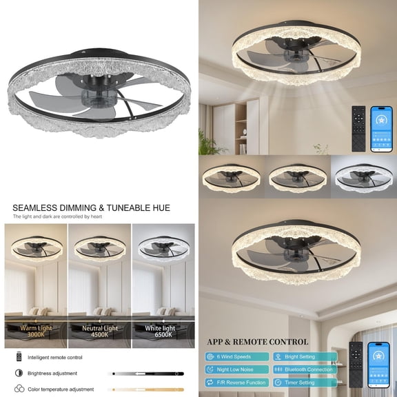 20” Decorative LED Ceiling Fan Light – Modern Flush Mount with Acrylic Ring  Hidden Blades  Remote Control  and Dimmable Light for Stylish Homes (Black)