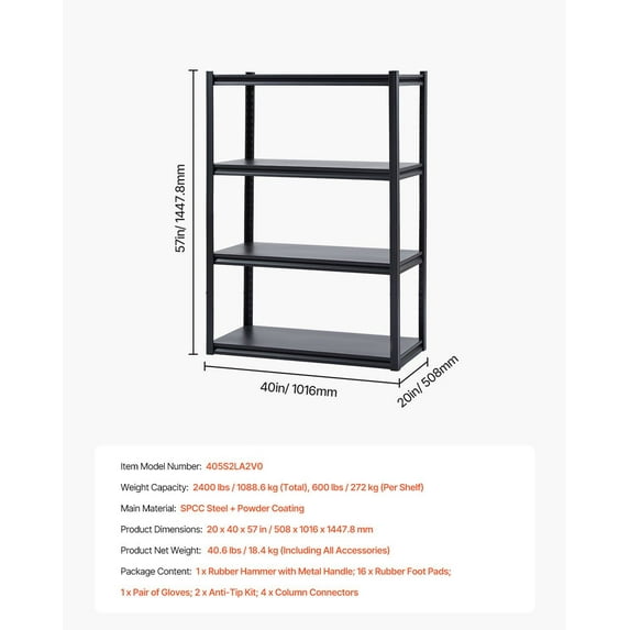 20" Deep 4-Tier Garage Shelving Unit, 40"W x 57"H, Heavy Duty Storage Shelves for Home