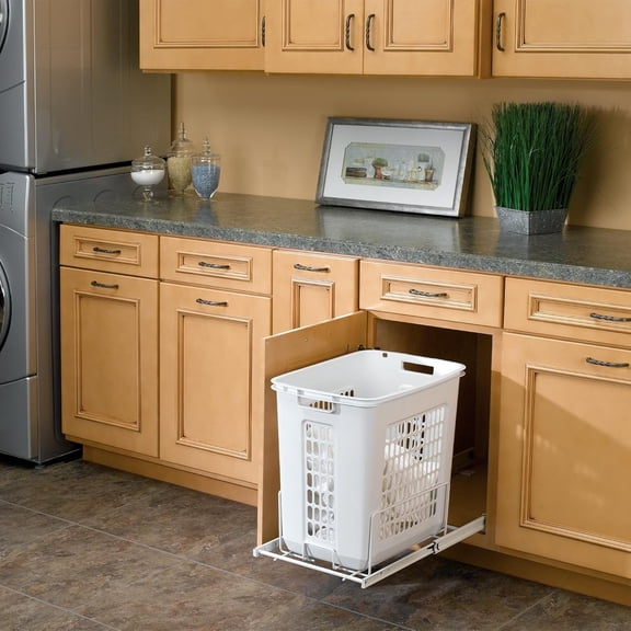 20" Deep Cabinet Floor Steel Mounted Polymer Plastic Clothes Laundry Hamper with Full Extension Slides, White