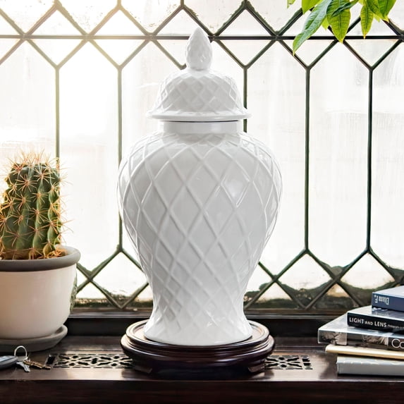 Red Lantern 20" Diamond Pattern White Temple Jar