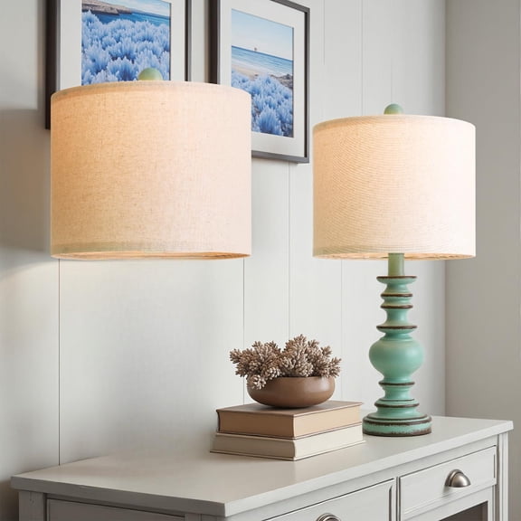 20" Distressed Teal Bedside Lamps Set Of 2 Hand-painted Vintwith Linen Shadestfarmhouse Lamp For Living Room Bedroom And Hallway Space-saving Accent