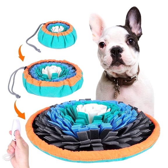 Friendly Barks 20” Dog Snuffle Mat with Pet Training Clicker - Dog Puzzle Toy for Enrichment, Mental Stimulation, Fighting Boredom - Slow Feeder & Activity Rug - Adjustable Drawstring, Non-Slip Base