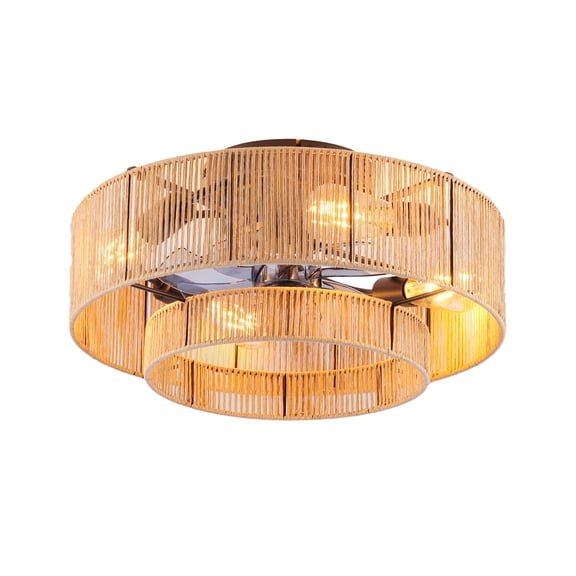 20" Double Tier Rope Caged Flush Mount Ceiling Fan with Light Kit, Remote Control, Low Profile Chandelier, 6-Speed Reversible DC Motor for Living Room, Bedroom - Bulbs Not Included