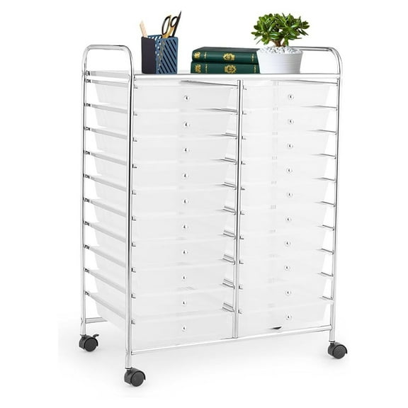 20 Drawer Rolling Storage Cart, Art Cart Organizer with Wheels for Makeup, Tool, Paper, Multipurpose Craft Storage Cart with Drawers for Office, Home, Classroom, Teacher, School (Clear)
