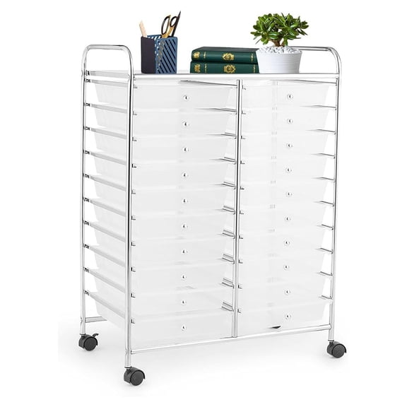 20 Drawer Rolling Storage Cart, Art Cart Organizer with Wheels for Makeup, Tool, Paper, Multipurpose Storage Cart with Drawers for Office, Home, Classroom, Teacher, School (Clear)