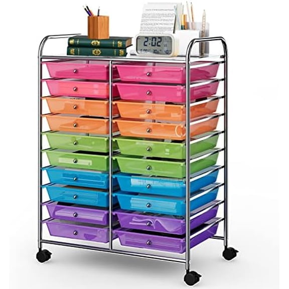 20-Drawer Rolling Storage Cart, Art Cart Organizer on Wheels, Metal Frame and Removable Drawers, Multipurpose Mobile Utility Cart for Classroom, Office, School, Home (Rainbow)$$Office