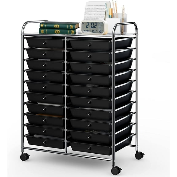 20-Drawer Rolling Storage Cart, Utility Storage Organizer Cart for Tools, Scrapbook, Paper, Craft, Multipurpose Storage Trolley on Wheels for Home Office School (Black)