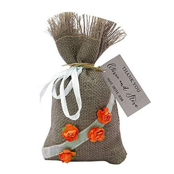 20 Drawstring Pouches With Custom Tag Wedding Thank You Bag Small Burlap Favor Bags Rustic Party Favor Sack 4"x6.5" inches