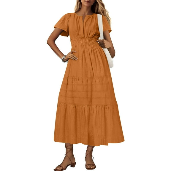 Under $20 Dress for Women, Women's Fashion Sexy Solid Short Sleeve V-Neck Pleated Dresses Long Dress Midi Maxi Dresses Elastic Waist Boho Beach Dress Pockets(Coffee,XXL)